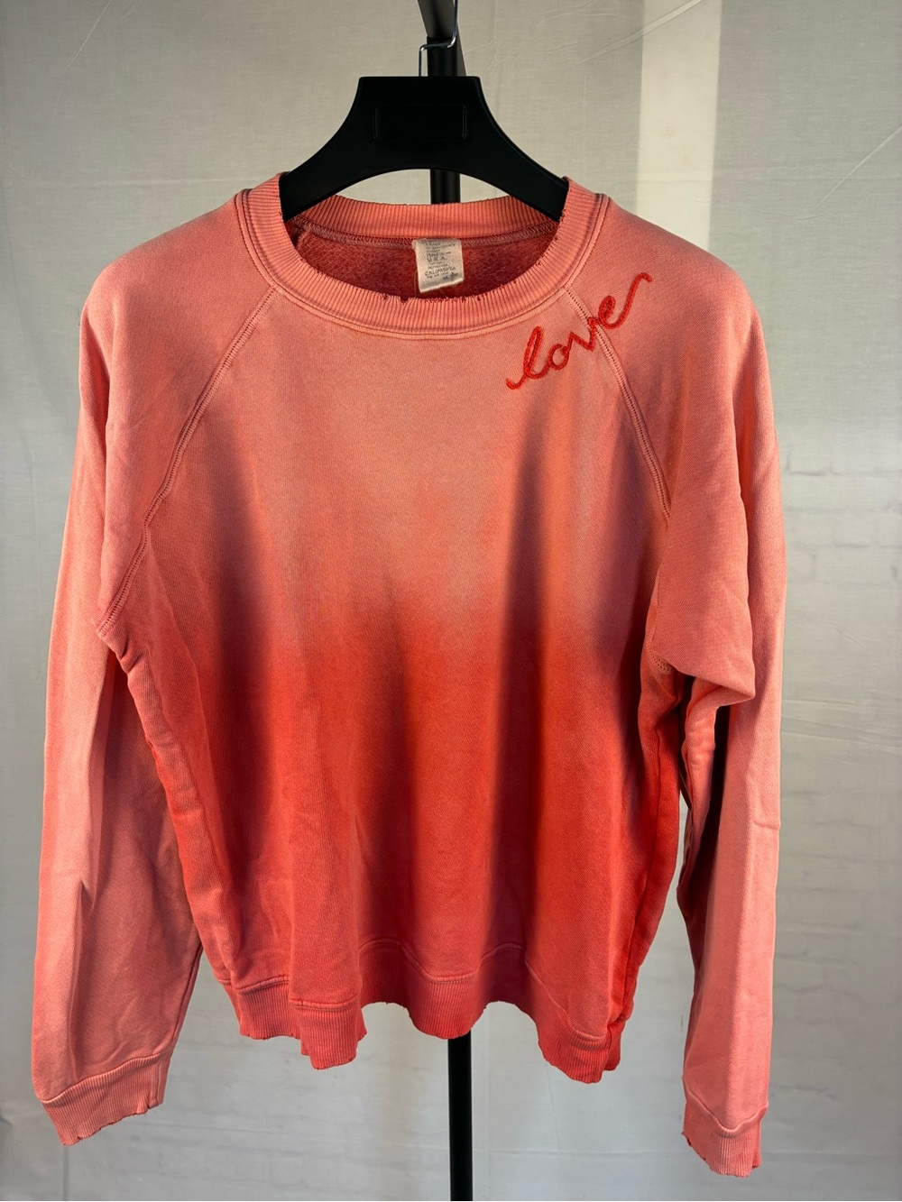 ISMBS Red Pink Ombre Love Embroidered Distressed Sweatshirt M